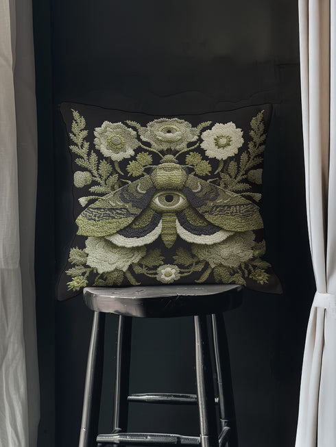 Luxury dark academia pillow cover in black featuring an embroidered-style veiled moth with an all-seeing eye, surrounded by intricate cream and sage florals and foliage, inspired by Victorian entomology and folklore. Square cushion, available in 18x18 or 22x22 inches, linen-feel premium polyester, double-sided print, hidden zipper.